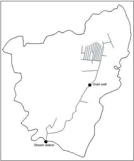 Figure 2.4: The catchment area of Odderbæk stream. The monitoring stations in the stream and the monitoring station at the outlet of the tile drainage to the stream are indicated on the map. 