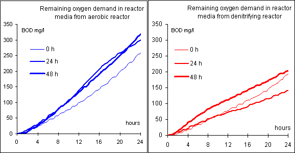 Figure 0-3: The oxygen demand of the sludge suspension was sampled at the beginning of each day of the experiment and measured in a 24 h period. It is seen that the biodegradation activity of the active sludge suspensions did not change much between the three days of the experiment. However, the activity varies between sludge suspensions taken from the aerated and the denitrifying batch experiments.