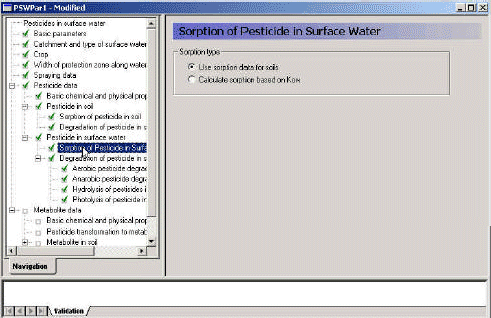 Figure 3.11 Menu-page: Sorption of active substance in surface water