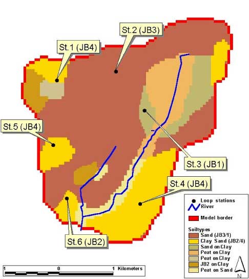 Figure 3.4 Map showing the distribution of the soil types used in Odder Bæk and the locations of the measured soil profiles (St. 1-6).