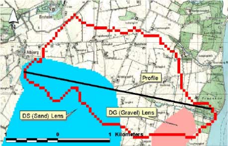 Figure 3.5 Extent of gravel and sand lenses in the moraine clay layer in Lillebæk.