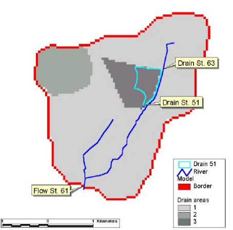 Figure 3.12 Drainage zones for different parts of the stream system. Note the estimated catchment for stream station 63 is the whole area upstream the station and the area for station 51 (dark gray) is larger than the actual pipe-drained area, indicated with a line.