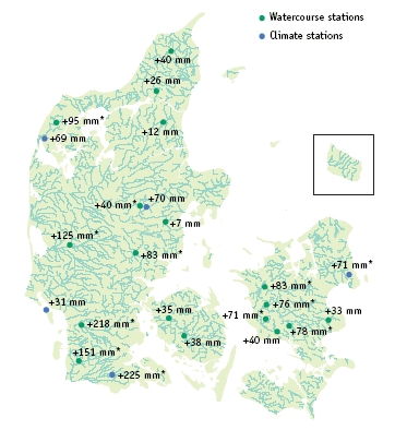 The National Environmental Research Institute has examined water runoff from watercourses and precipitation (rainfall) in Denmark over the past 85 years. An increase in annual precipitation has led to an increase in the average runoff from all the watercourses examined. This close relationship demonstrates that climate changes will have consequences for the future ecological condition of Danish watercourses. Increases in the annual runoff and annual precipitation have been calculated over a period of 75 years at the 18 watercourse stations (converted to mm) and the five climate stations. Statistically significant changes (P < 5%) are shown with an asterisk after the figure