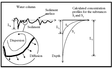 Figure 12.2 Definition of important length scales in relation to the 1. dimensional approximation for the transport, description in the sediment. L<sub>h</sub>: length scale of heterogeneity in the sediment, L<sub>1</sub> and 2 the contaminated depth at a specific time for the substances S<sub>1</sub> and S<sub>2</sub> respectively