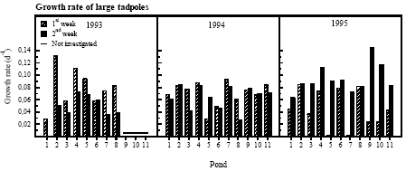 Figure 4.11 Growth rate of Bombina bombina tadpoles the first 2 weeks after release in the cages
