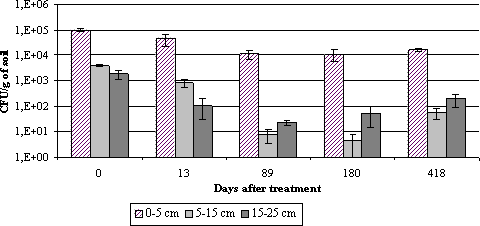 Figure 6.2: Density of Metarhizium anisopliae (cfu's per g dry soil) in soil collected from the experimental field site after treatment with M. anisopliae (BIPESCO 5) in spring 2001.