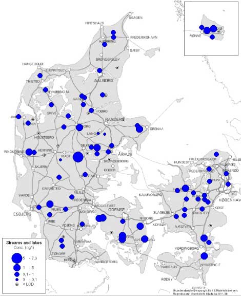 Figure 7.2 Overview of total estrogenic activity in Danish streams and lakes. For the locations where more than one sample have been taken, the mean concentration has been used for the map. Levels given in ng E2 equiv./L.