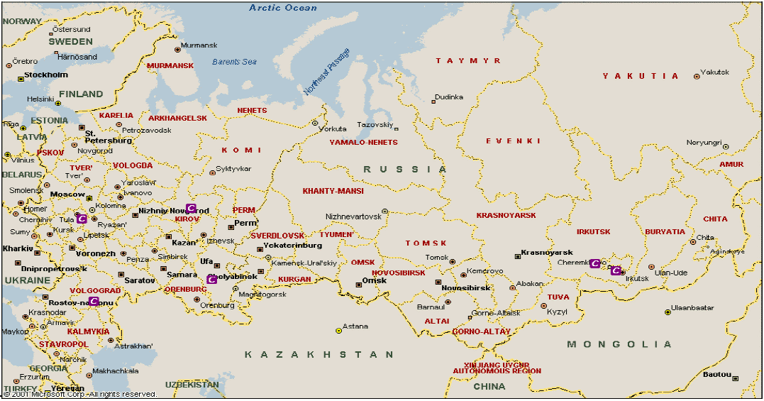 Figure 3.1 Location of facilities for production of chlorine, caustic soda and vinyl chloride in the Russian Federation (indicated by C)