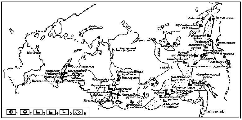 Figure 3.8 Location of main gold deposits, mining enterprises and gold placer areas of Russian Federation(Benevolsky 2002)