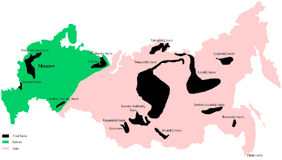 Figure 4.1 Major coal basins in Russia (Source: International Coal & Methane Research Center http://www.uglemetan.ru)