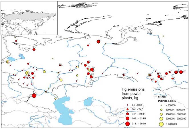 Figure 4.2. Location and mercury emission of coal-fired utility plants in the Russian Federation (Munthe et al. 2004)