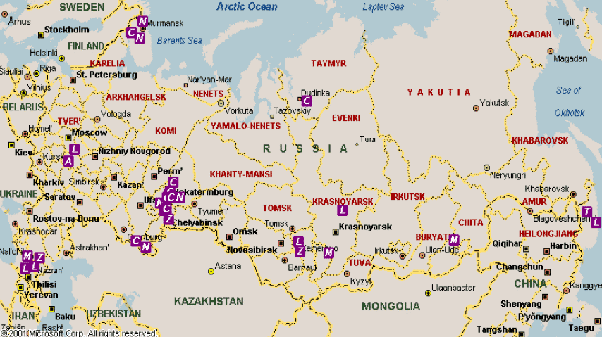 Figure 4.7 Location of nonferrous metal production enterprises in the Russian Federation A – antimony, C – copper, L – lead, M - molybdenum, N -nickel, Z – zinc, T – tungsten
