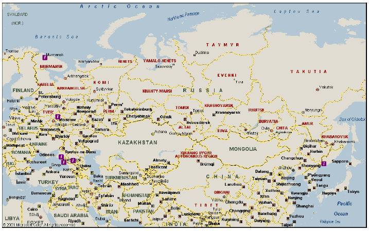Figure 5.12 Location of municipal waste incinerators in the Russian Federation (indicated as I)