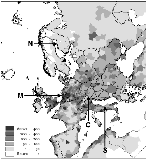 Estimate of population densities for 1994 from Tobler et al. (1995). Locations of the Northern, Central, Southern European and maritime sites are indicated with capital letters