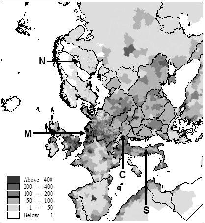 Figure 7.6. Estimate of population densities for 1994 from Tobler et al. (1995). Locations of the Northern, Central, Southern European and maritime sites are indicated with capital letters.