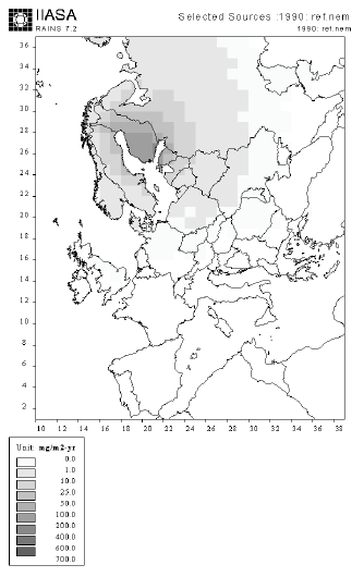 Figure 4.1. Dispersion and deposition pattern of the total emission of nitrogen from Finland