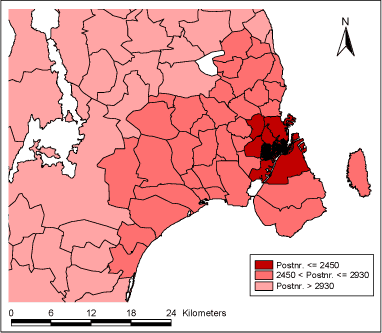 Figure 2.1.1: Postal code area definition of the three study populations