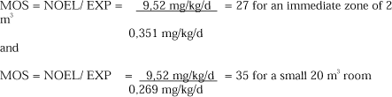MOS = NOEL/ EXP = 9,52 mg/kg/d/0,351 mg/kg/d = 27 for an immediate zone of 2 m³ and MOS = NOEL/ EXP = 9,52 mg/kg/d/0,269 mg/kg/d = 35 for a small 20 m³ room