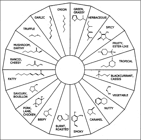 Figure 5.1. The fragrance wheel illustrates aroma chemicals typically associated with the depicted fragrance notes. The fragrances depicted on the right of the wheel are used in lip care products: fruity, tropical and blackcurrant. The figure is an adaptation of (9)