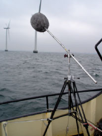 Figure 1 Mounting of microphone on board the vessel. The microphone is supplied with an extra wind shield
