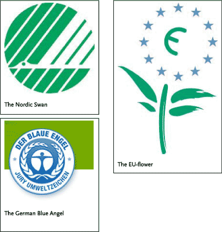 Figure 3.2: Examples of three European environmental labels: the EU-flower, the Nordic Swan and the German Blaue Engel