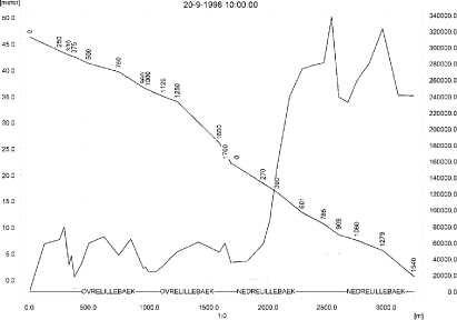 Figure 7.31. Concentrations in the sandy loam catchment on 20. September 1996 after autumn applications. The concentrations are generated by wind drift moving downstream after spraying.