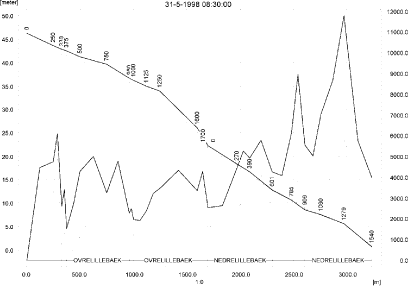 Figure 8.14. Concentrations in the sandy loam catchment on 31. May 1998, just after spraying.