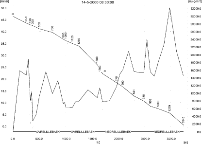 Figure 11.19. Concentrations in the sandy loam catchment on 14. May 2000, at 8.30 (just after spraying) and at 12.00. The concentrations are generated by Drift contribution to the stream. a)