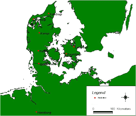 Figure 1. Geographical location of field sites representing the not official EU-FOCUS-scenario Langvad and Karup, the EU-FOCUS-scenario Hamburg and the PLAP scenarios Tylstrup, Jyndevad, Silstrup, Estrup and Faardrup.