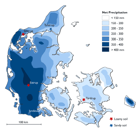 Figure 4. Location of the five PLAP sites (Tylstrup, Jyndevad, Silstrup, Estrup and Faardrup) in Denmark with map of yearly net precipitation. (The net precipitation in this figure is calculated as precipitation minus potential evaporation and therefore has lower values than shown in Figure 3).
