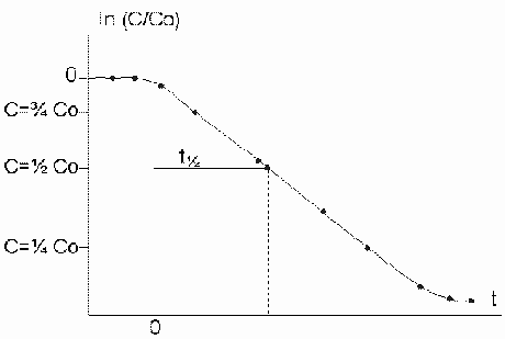 figur 2.2, Typisk forlb af en nedbrydning som kan beskrives ved en 1.-ordens approksimation. (6 kb)