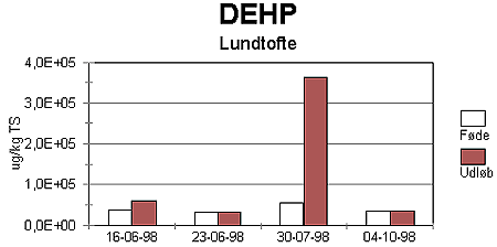 Figur 2-28.. Koncentration af DEHP i fde og udlb fra CSTR-reaktor krt med Lundtofte primrslam.