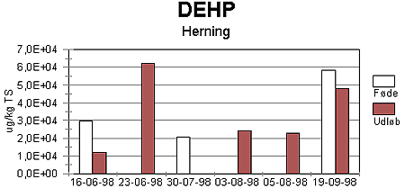 Figur 2-38. Koncentration af DEHP i fde og udlb fra CSTR-reaktor krt med Herning primrslam.