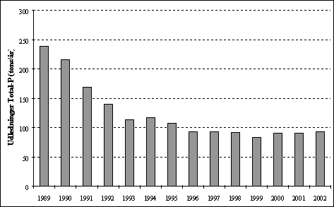 Figur 6.6 Teoretisk beregnet udledning af fosfor fra dambrugene i perioden 1989 til 2002.