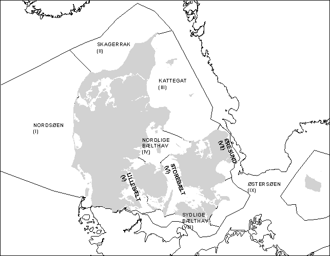 Figur 8.1 De ni danske farvandsområder, hvortil der bestemmes belastning.