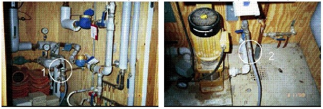 Figur 5.3 Til venstre ses en spulehane med slangeforskruning direkte forbundet med regnvandspumpens sugeledning, Spulehanen monteret før afregningsmåleren. Til højre ses en slangetilslutning på regnvandspumpens sugeledning til spædning af pumpen.