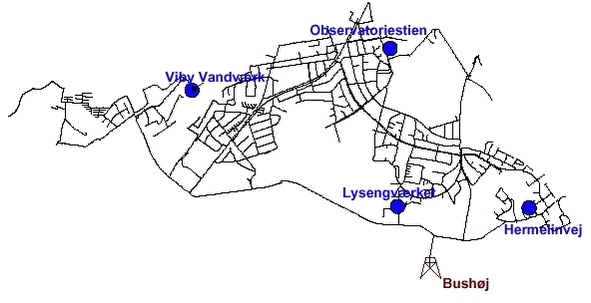 Figur 8.6 Kort over Århus zone 80-syd. I zone 80-syd er der placeret fire vandværker og en højdebeholder – Viby Vandværk, Lysengværket, Observatoriestien, Hermelinvej. Højdebeholderen er placeret ved Bushøj.