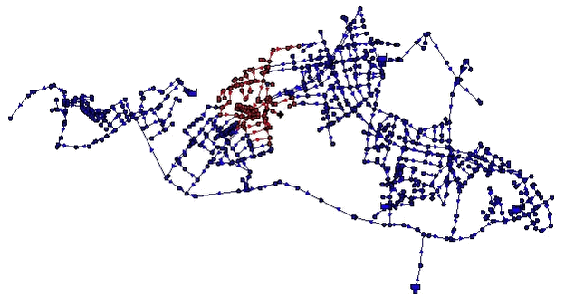 Figur 8.7 Det røde område viser forureningen af regnvand i området zone80syd i Århus - eksempel 1.