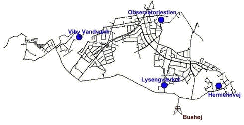 Figur 8.6 Kort over Århus zone 80-syd. I zone 80-syd er der placeret fire vandværker og en højdebeholder – Viby Vandværk, Lysengværket, Observatoriestien, Hermelinvej. Højdebeholderen er placeret ved Bushøj.