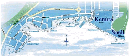Figur 7.1: Kort over Fredericia Havn med angivelse af et par industrier inden for havnens område. De sorte numre angiver kajpladser med tilhørende kajhydrant.