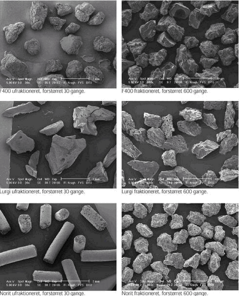 Figur 2.1. SEM billeder af fraktioneret og ufraktioneret Chemviron Filtrasorb F400, Lurgi, Hydrafin CC 8×30 og Norit ROW 0.8, forstørret hhv. 30 og 600 gange.