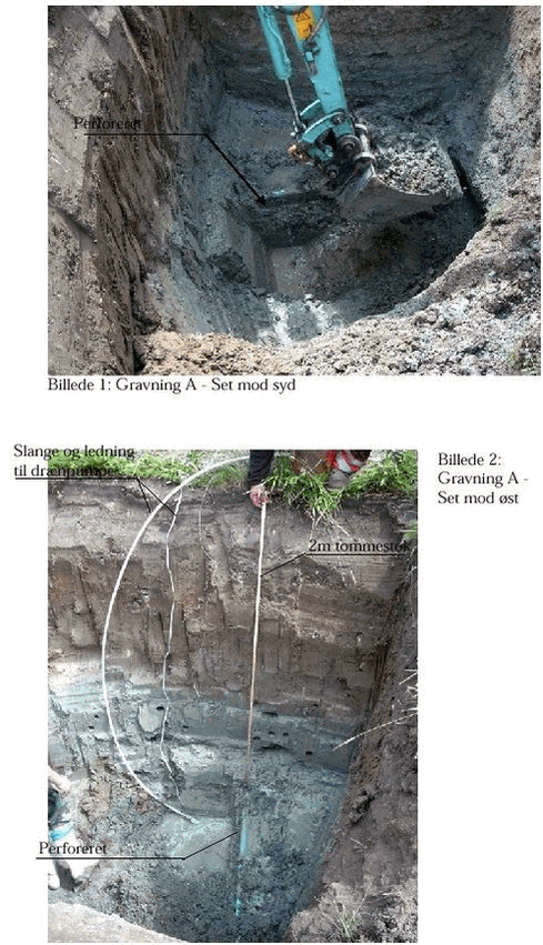 Figur 4.7: Fotos taget i forbindelse med prøvegravningerne 4. juli 2002. Billede 1 til 3 zr taget i udgravning A, indenfor det forurenede område. Billede 4 (næste side) er taget i udgravning B nord for det forurenede område. 