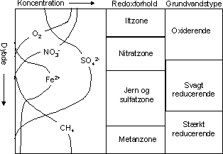 Figur 2. Skematisk forløb af redoxaktive komponenter under naturlig grundvands..dannelse i mættet zone (modificeret efter /14/)