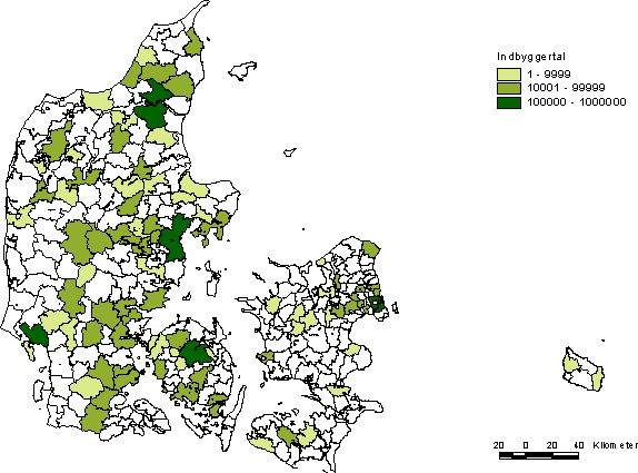 Kort 1 Geografisk fordeling af de kommuner, som har besvaret spørgskemaet i forhold til kommunestørrelse.