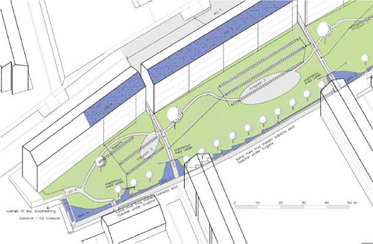 Figur 5.1(A) Projektforslaget i Gavlhusgården som rejst plan i den vestlige del. Tagfladerne, hvorfra regnvand afledes til nedsivning, er markeret med blåt.