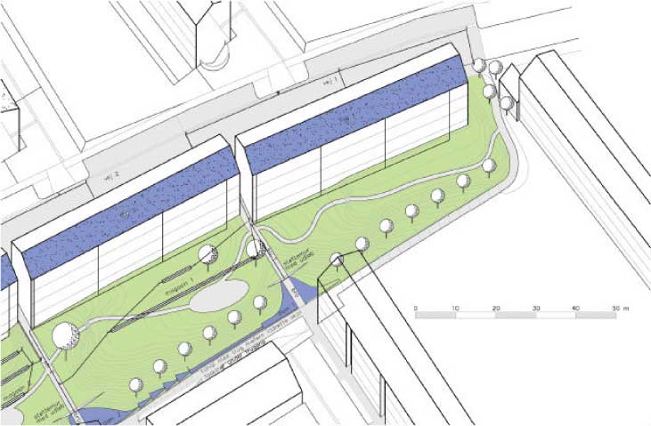 Figur 5.1(B) Projektforslaget i Gavlhusgården som rejst plan i den østlige del. Tagfladerne, hvorfra regnvand afledes til nedsivning, er markeret med blåt.