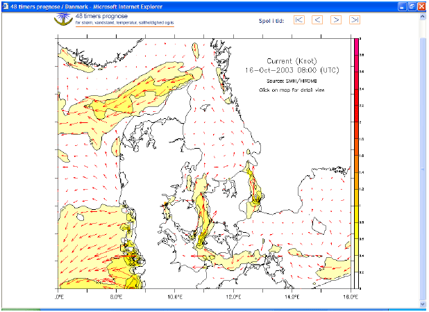 Figur 2.1 48-timers strømprognose for farvandet omkring Danmark den 16. oktober 2003.