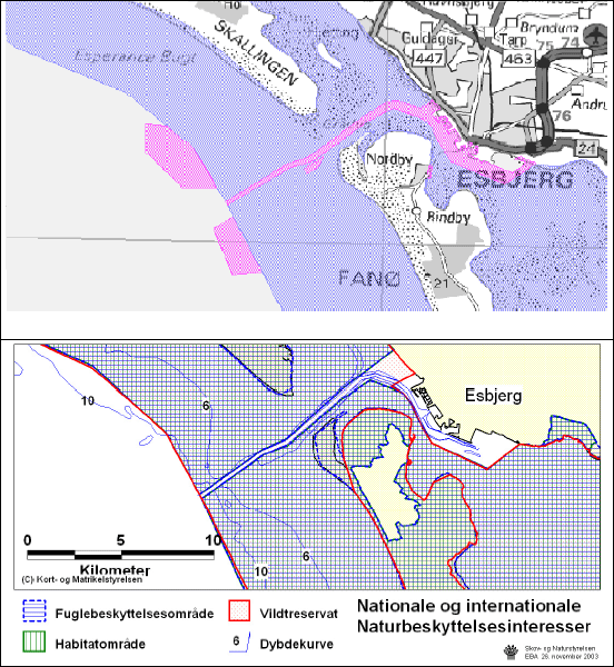 Figur 3.1 Regionplanskort, kort med naturbeskyttelsesinteresser samt søkort der angiver nødområde i Esbjerg Havn
