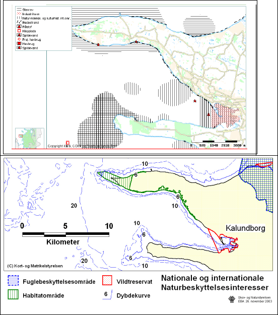 Figur 3.10 Regionplanskort, kort med naturbeskyttelsesinteresser samt søkort der angiver nødområde i Kalundborg Fjord