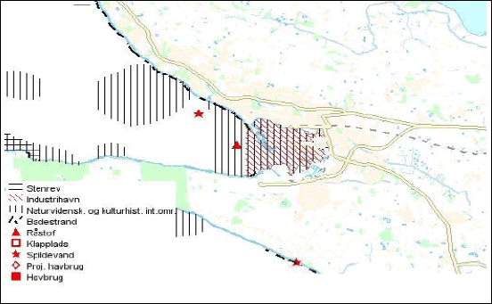Figur 3.11 Regionplanskort, kort med naturbeskyttelsesinteresser samt søkort der angiver nødområde i Kalundborg Havn